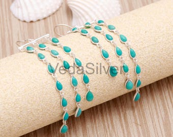 Brincos artesanais em prata de lei com turquesa, estilo lustre, pingentes em cascata, joia boho.