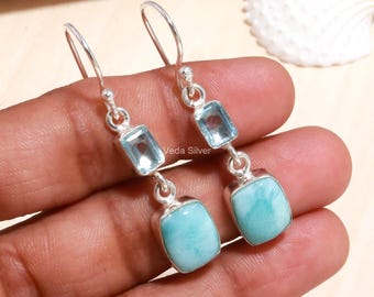 Larimar Topaz Earrings 925 Sterling Silver Daily Wear December Birthstone Cushion Shape Jewelry