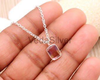 Natural Ametrine Pendant Necklace, 925 Sterling Silver Handmade Layering Charm, Minimalist Shimmering Bi-Color Purple Yellow Jewelry