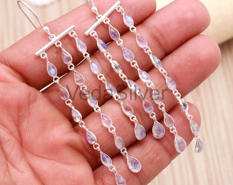 Natural Rainbow Moonstone Dangle Earrings, 925 Sterling Silver Geometric Drop Jewelry