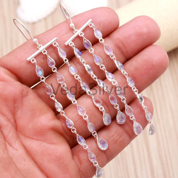 Boucles d'oreilles pendantes en pierre de lune arc-en-ciel naturelle, bijoux géométriques en argent sterling 925