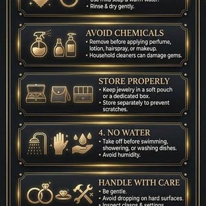 An informational jewelry care instructions graphic with gold text and icons on a dark background.