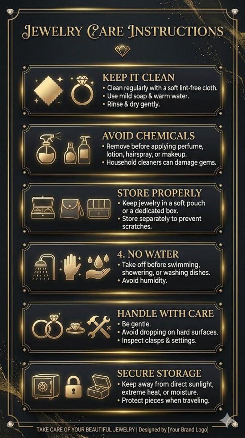 An informational jewelry care instructions graphic with gold text and icons on a dark background.