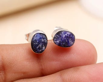 Brincos de Safira Azul Bruta em Prata de Lei 925 com Gema Natural