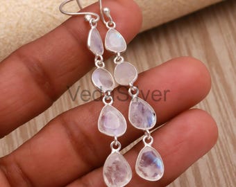 Pendientes colgantes de piedra lunar facetada de forma libre, hechos a mano, joyería de plata de ley 925.