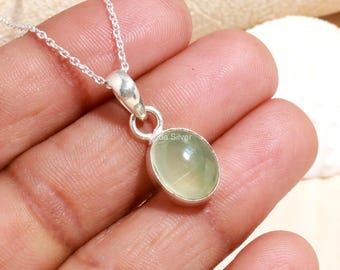 Pingente oval de prehnita, colar boho em prata de lei com pedra preciosa verde, joia artesanal