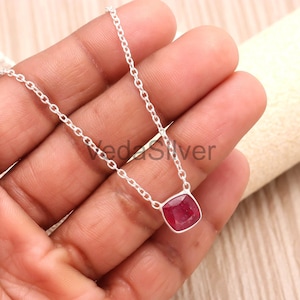 Natural Ruby Cushion Cut Pendant Necklace, 925 Sterling Silver Handmade Charm, Minimalist Red Jewelry