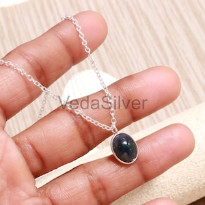 Natural Black Ethiopian opal oval pendant necklace, sterling silver handcrafted charm