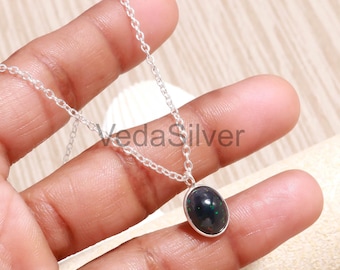 Natural Black Ethiopian opal oval pendant necklace, sterling silver handcrafted charm