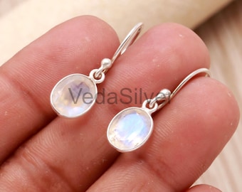 Natural Rainbow Moonstone Dangle Earrings, 925 Sterling Silver Handmade Drop Earrings, Faceted Gemstone Jewelry, Gift for Women