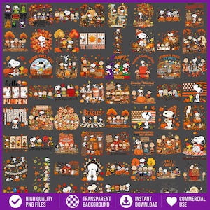 May include: A digital collection of Peanuts-themed graphic designs featuring Snoopy and the Peanuts gang in various autumn, Halloween, and Thanksgiving scenes with pumpkins, fall foliage, and text like Fall Vibes, Pumpkin Patch, and Tis The Season.