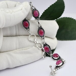 Vintage Ruby Bracelet, Sterling Silver Link Bracelet, Stone Toggle Bracelet, Boho Statement Jewelry, Antique Style Bracelet, Gifts for Her