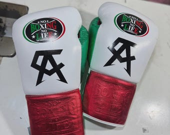 Guantes de boxeo estilo mexicano profesionales / Equipo de entrenamiento de sparring de cuero rojo, verde y blanco metalizado