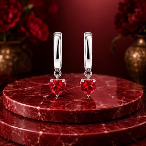 Pendientes de aro con forma de corazón y rubí, pendientes colgantes de plata de ley 925 con rubí sintético, joyería con forma de corazón, regalo para ella.