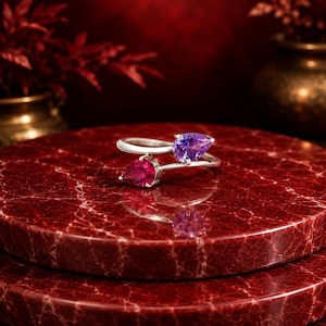 Ruby Amethyst Ring, Sterling Silver Two Stone Bypass Design, Pear Cut Gemstones