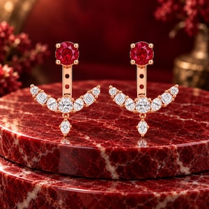 Boucles d'oreilles croissant de lune rubis, bijoux d'Halloween, puces d'oreilles célestes, boucles d'oreilles pendantes gothiques, cadeau en or rose pour elle