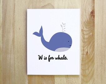 W is for Whale woodland nautical animal cameo illustration 8x10 5x7