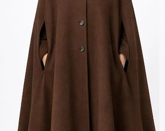Capa de lana marrón para mujer, abrigo largo de invierno gótico victoriano vintage