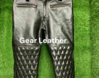 Pantalón negro de cuero suave de vaca auténtica para hombre con paneles acolchados, estilo motero.