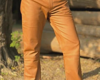 Herren Echtleder weiche Leder Biker Hose 501 Tan Brown Jeans