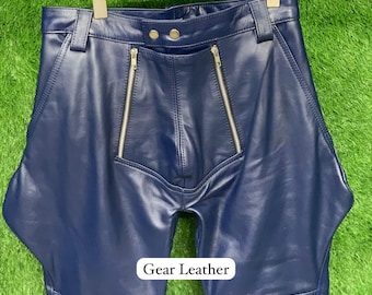 メンズ 本革（牛革） ソフトレザー ネイビーブルー キルティングパネル付き ブリーチパンツ