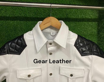 Men's Real Cow Soft Leather White Shirt with Quilted Shoulder Biker Shirt