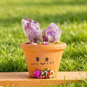 May include: A terracotta flower pot with a hand-drawn face, holding two large amethyst crystals. The pot is decorated with small colorful flowers and sits on a wooden surface against a backdrop of green grass.