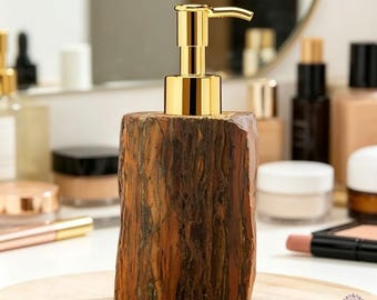 Natural Crystal Soap Dispenser, Raw Gemstone Bottle With Gold Plated Pump, Boho Bathroom Decor