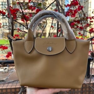 Puede incluir: Un bolso de mano marrón con un asa superior y un cierre de solapa. El bolso presenta un botón plateado y un logotipo en la solapa. El asa está envuelta en plástico transparente. El bolso se sostiene frente a un fondo de flores rojas y vegetación.