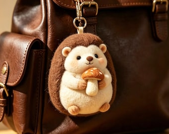 Luxe Handmade Wool Felt Hedgehog Keychain, Artisan Needle Felt Mushroom Animal Charm, Cottagecore One Of A Kind Collectible Bag Accessory