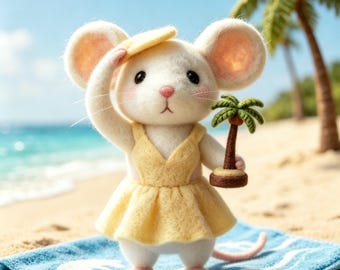 Luxe Handmade Wool Felt Beach Vacation Mouse Figurine, Artisan Needle Felt Summer Animal, Cottagecore One Of A Kind Collectible Home Decor