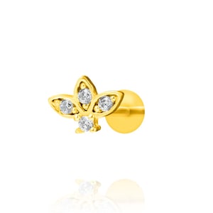 14k Solid Gold Lotus Stud Earrings with Zirconia, Popular Sparkly CZ Stones Third Hole Post Earring, Helix Gold Stud, Lotus Piercing