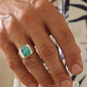 Genuine Square Turquoise Ring, Vintage Sterling Silver Ring, Turquoise Stone Ring, Boho Ring, Mens Navajo Ring, Real Feroza Stone Ring