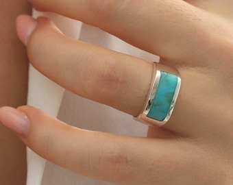 Women Genuine Turquoise Ring, 925 Sterling Silver Ring For Women with Turquoise Gemstone, Delicate Fine Wide Bohemian Women Ring