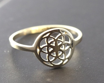 Puede incluir: Un anillo de oro con un diseño circular que presenta un patrón geométrico. El anillo está sobre una superficie negra.