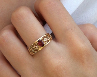14K Gold Pink Tourmaline and Diamonds Ring, Solitaire Marquise Gemstone Ring, Retro Vintage Stylish Filigree Ring