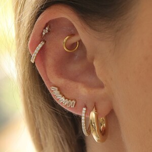 14k Gold Sparkly Baguette Stones Climber Post Earring, Helix / Cartilage / Earlobe CZ Zircon Stud Earring, Minimalist Single Fan Earring