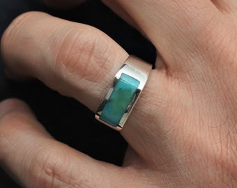 Anillo de Turquesa Genuina para Hombre, Anillo Fino y Elegante de Plata de Ley 925 con Piedra Preciosa Turquesa Azul-Verde