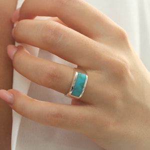 Real Green-Blue Turquoise Ring, Feroza Stone Ring, Navajo Ring, Square Signet Ring, Sterling Silver Ring For Women, Classic Signet Ring