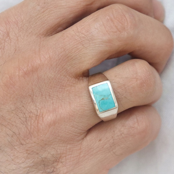 Echte rechthoekige turquoise ring, vintage sterlingzilveren ring, turquoise stenen ring, boho-ring, echte Feroza-stenen ring, Navajo-ring heren