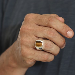 Tiger Eye Men&#39;s 925 Sterling Silver Genuine Gemstone Ring, Large Silver Tiger&#39;s Eye Signet Ring, Bohemian Hippie Hipster Ring, Gift for Men