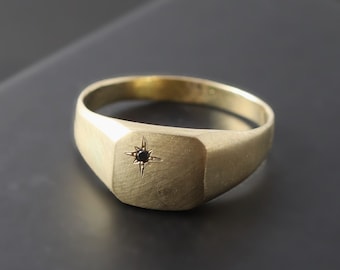 14K Solid Gold Large Signet Ring with Tiny Black Diamond, Flat Top Bohemian Trendy Solid Gold Ring