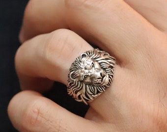 Lion Face Ring For Him, Animal Jewelry, Sterling Silver Lion Head Ring, Wide Sterling Silver Ring, Mens Lion Head Ring, Gifts For Him