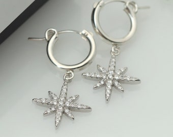 Sparkle North Star Earrings, Celestial Jewelry, Silver Star Hoop Earrings, Minimalist Earrings, Dainty Zircon Earrings, Christmas Earrings