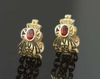 14K Gold Ruby Filigree Hoop Earrings for Women
