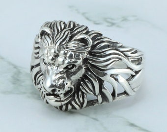 Anillo de león, anillo de plata de ley, anillo de cabeza de león, anillo de cara de león, anillo de tigre, anillo gótico, joyería de animales, anillo de plata ancho, anillo martillado