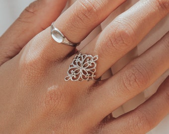 14k Solid White Gold Ornament Statement Ring, Large Wide Lace Ring for Women, Arabesque Gold Bohemian Ring