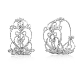14K White Gold Diamond Filigree Hoop Earrings: Vintage Lace Huggies