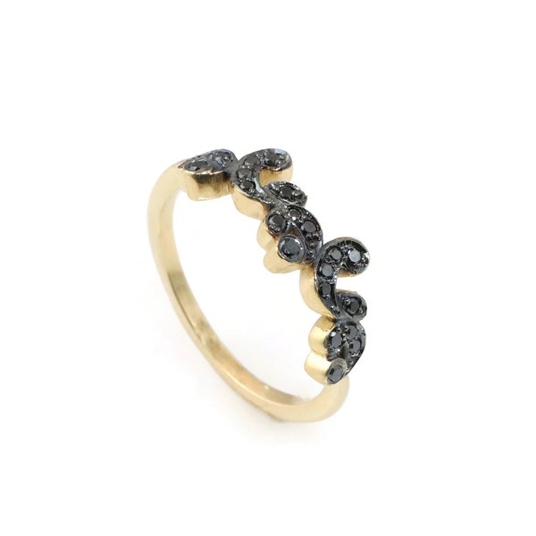 Black Diamond Cluster 14K Gold Ring, Ethnic Bohemian Women Ring