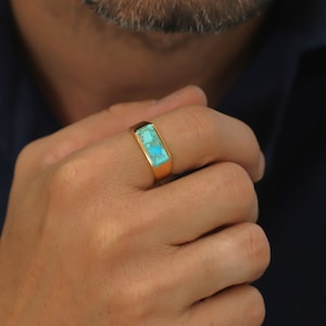 Gold Plated Genuine Turquoise Ring, Sterling Silver 14K Gold Plated Feroza Stone Ring, Men's Navajo Rectangle Signet Ring, Gift for Man